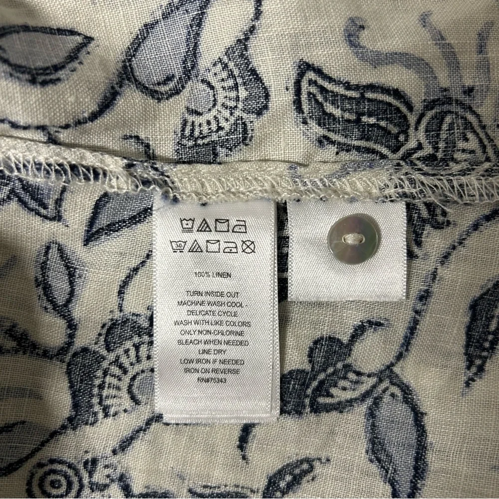 100% Linen Rachel Zoe Blue/Gray Floral Shirt Long Sleeves Roll Tab Buttons Sz M - Picture 10 of 10